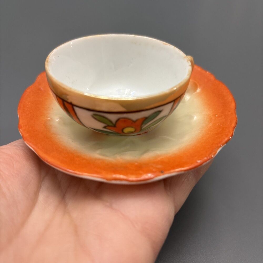 Vintage Miniature Cup & Saucer White & Orange Ceramic Floral Made In Japan